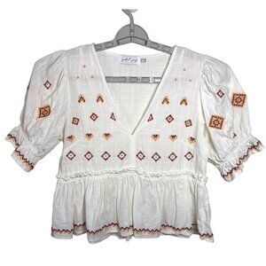 Petal & Pup Cropped Ruffle Top Size 6‎ Blouse V Neck Embroidery White Cotton